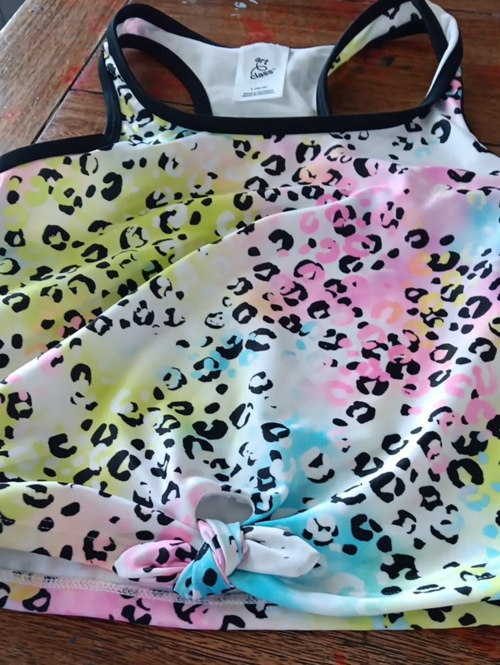 Art Class Girls' Two-Piece Tankini Swim Set - Neon Leopard Top & Black Bottom